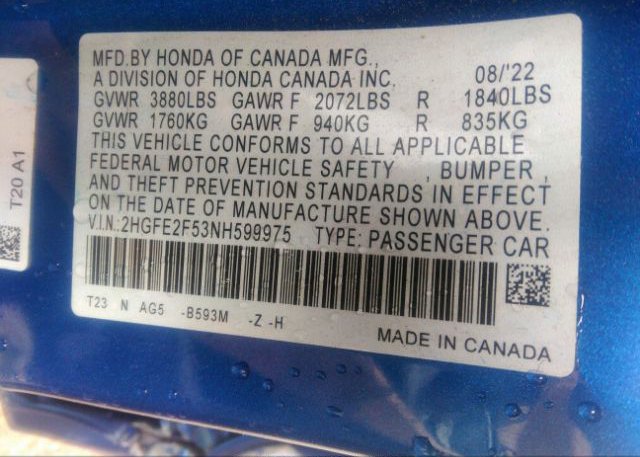 2022 HONDA CIVIC SEDAN(VIN: 2HGFE2F53NH599975