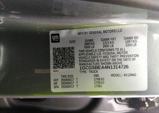 2022 CHEVROLET COLORADO(VIN: 1GCGSBEA4N1314726