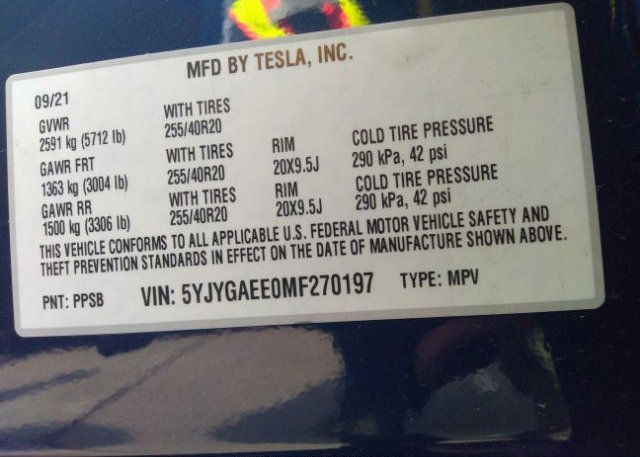 2021 TESLA MODEL Y(VIN: 5YJYGAEE0MF270197