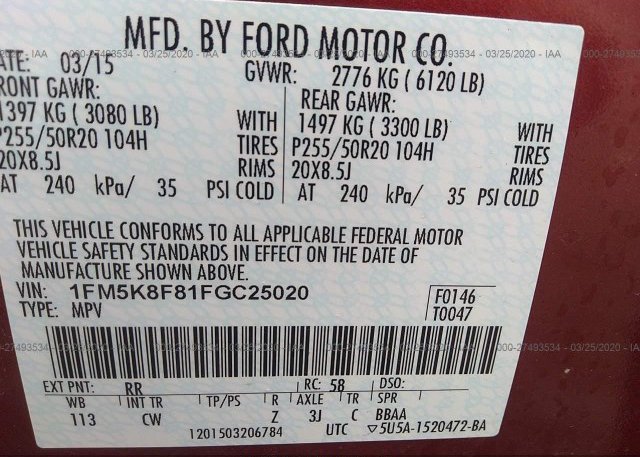 1FM5K8F81FGC25020 2015 FORD EXPLORER