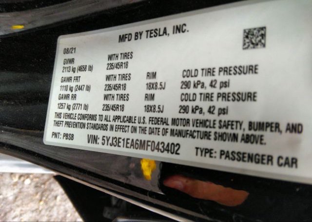 2021 TESLA MODEL 3(VIN: 5YJ3E1EA6MF043402