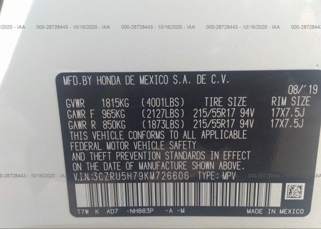 3CZRU5H79KM726606 2019 HONDA HR-V