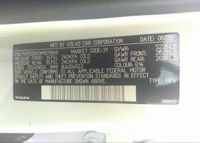2021 VOLVO XC60(VIN: YV4102DK0M1676649
