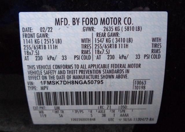 2022 FORD EXPLORER(VIN: 1FMSK7DH8NGA50795