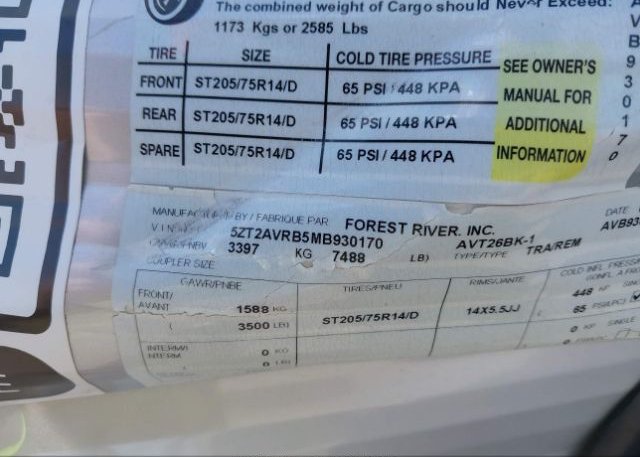 2021 PRIM AVENGER(VIN: 5ZT2AVRB5MB930170