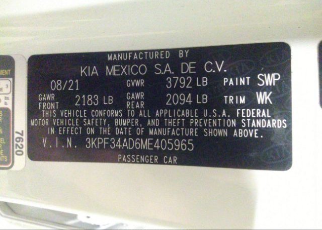 2021 KIA FORTE(VIN: 3KPF34AD6ME405965
