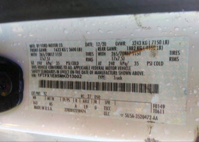 2021 FORD F-150(VIN: 1FTFX1E85MKD13002