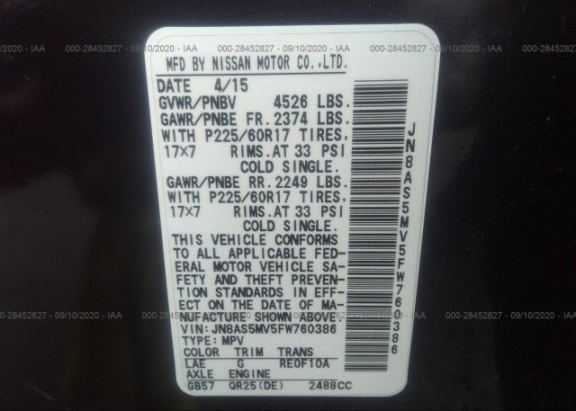 JN8AS5MV5FW760386 2015 NISSAN ROGUE SELECT