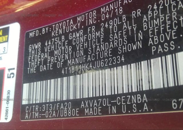 4T1B11HK4JU622334 2018 TOYOTA CAMRY