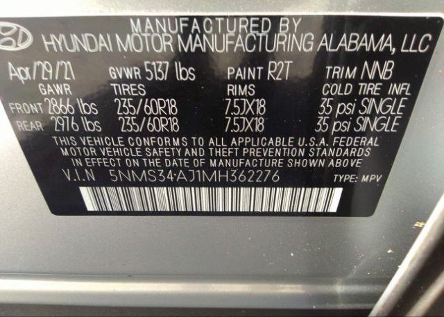 2021 HYUNDAI SANTA FE(VIN: 5NMS34AJ1MH362276