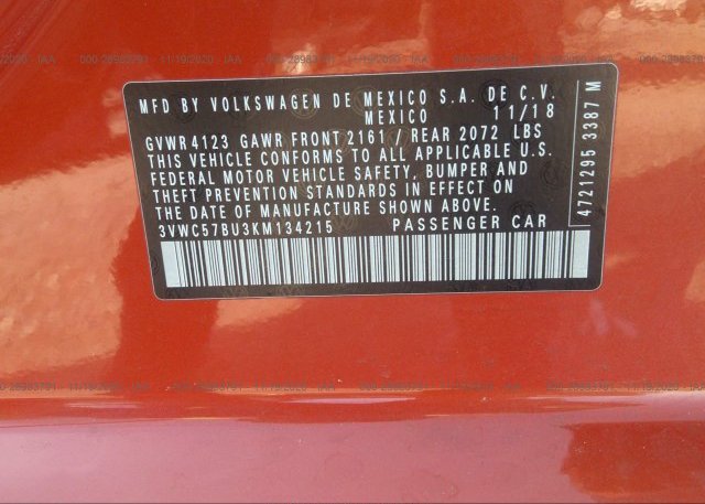 3VWC57BU3KM134215 2019 VOLKSWAGEN JETTA