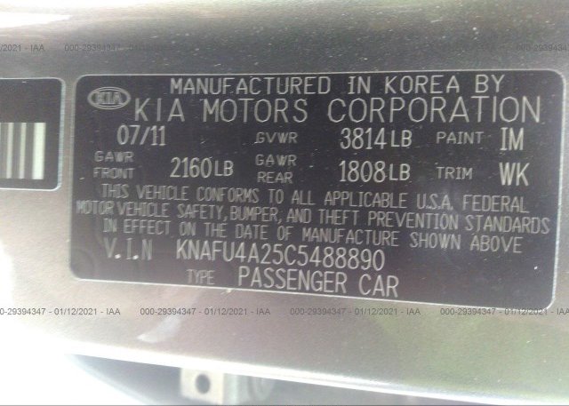 KNAFU4A25C5488890 2012 KIA FORTE