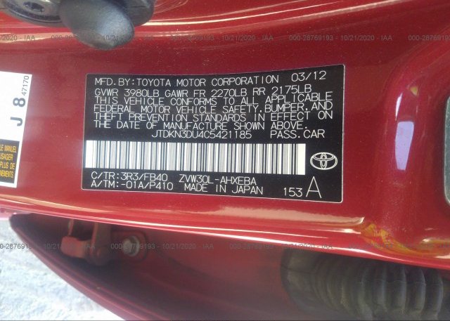 JTDKN3DU4C5421185 2012 TOYOTA PRIUS