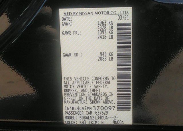 2021 NISSAN ALTIMA(VIN: 1N4BL4CV7MN370097