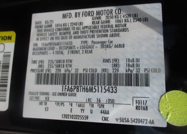 2021 FORD MUSTANG(VIN: 1FA6P8TH6M5115433