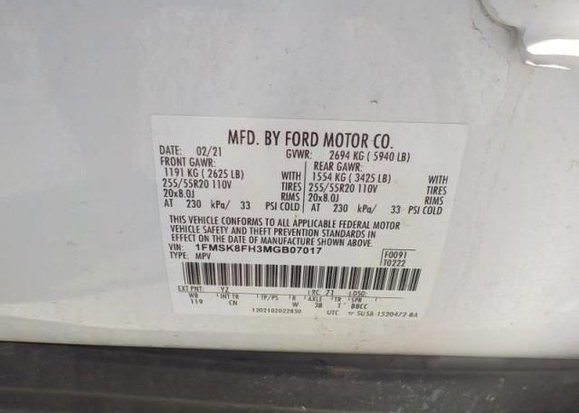 2021 FORD EXPLORER(VIN: 1FMSK8FH3MGB07017