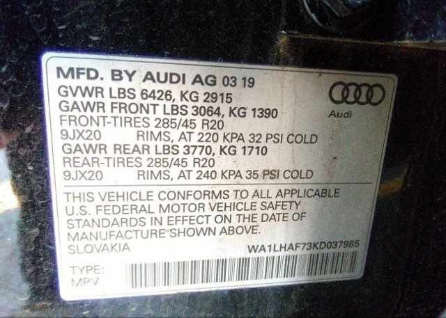 2019 AUDI Q7 VIN: WA1LHAF73KD037985