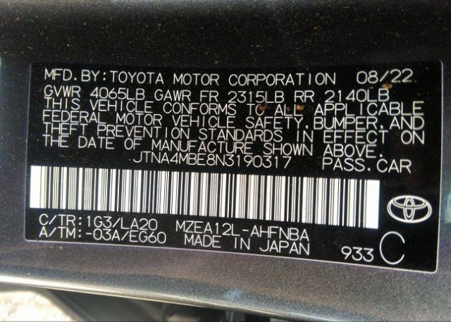 2022 TOYOTA COROLLA HATCHBACK(VIN: JTNA4MBE8N3190317