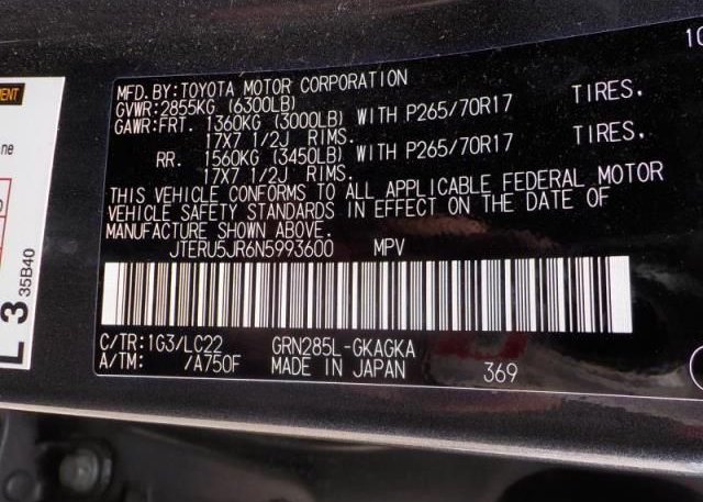 2022 TOYOTA 4RUNNER(VIN: JTERU5JR6N5993600