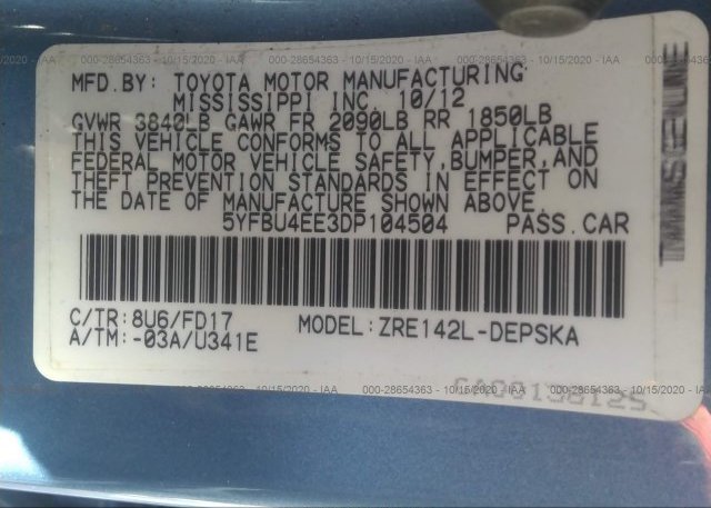5YFBU4EE3DP104504 2013 TOYOTA COROLLA