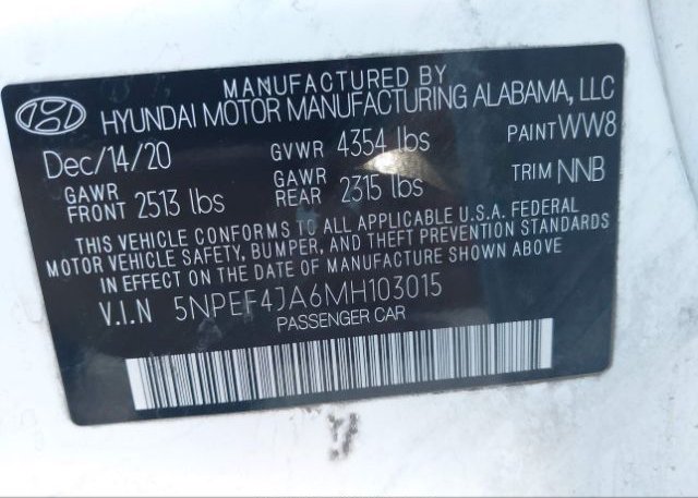 2021 HYUNDAI SONATA(VIN: 5NPEF4JA6MH103015