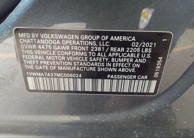 2021 VOLKSWAGEN PASSAT(VIN: 1VWMA7A37MC006024