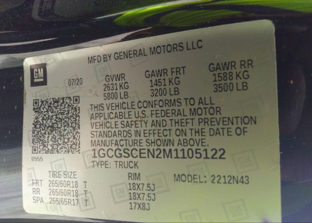 2021 CHEVROLET COLORADO(VIN: 1GCGSCEN2M1105122
