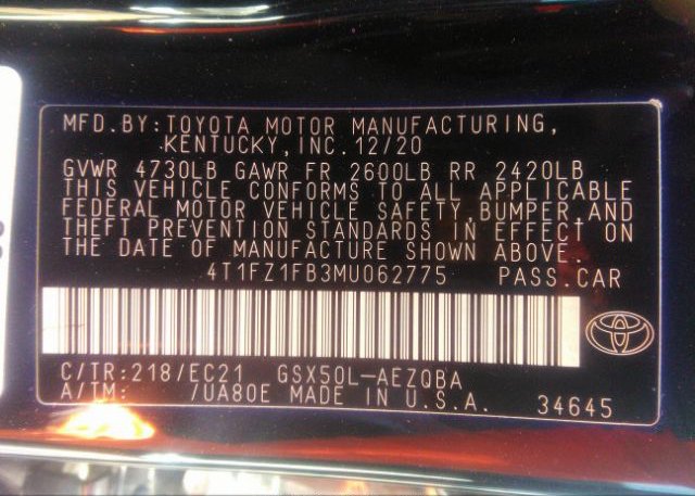 2021 TOYOTA AVALON(VIN: 4T1FZ1FB3MU062775