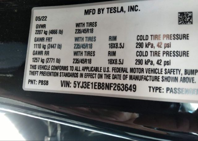2022 TESLA MODEL 3(VIN: 5YJ3E1EB8NF263649