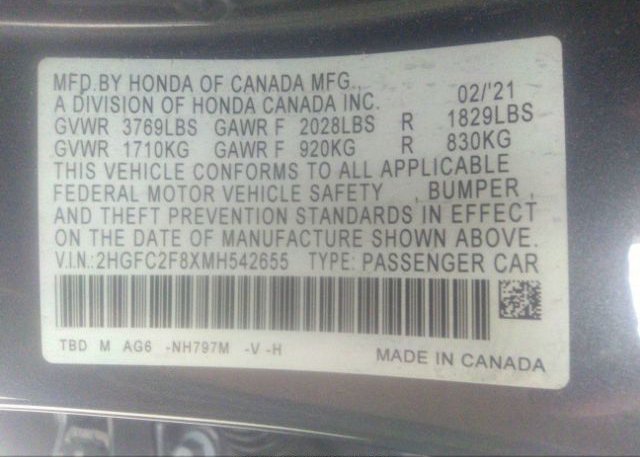 2021 HONDA CIVIC SEDAN(VIN: 2HGFC2F8XMH542655