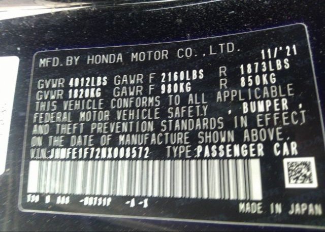 2022 HONDA CIVIC SEDAN(VIN: JHMFE1F72NX008572