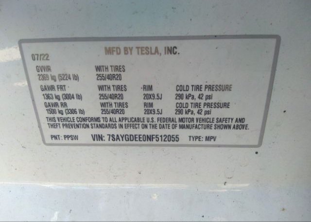 2022 TESLA MODEL Y(VIN: 7SAYGDEE0NF512055