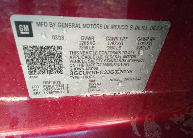 2018 CHEVROLET SILVERADO 1500 VIN: 3GCUKREC3JG328139
