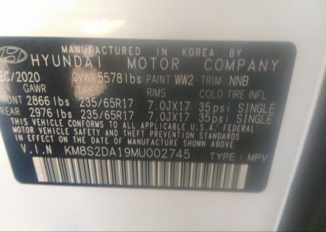 2021 HYUNDAI SANTA FE HYBRID(VIN: KM8S2DA19MU002745
