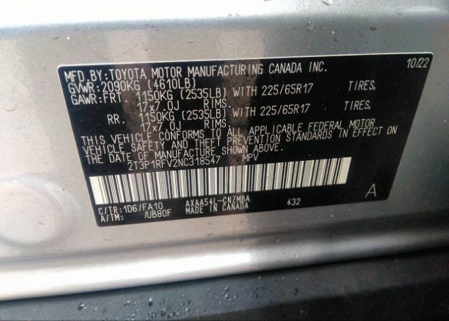 2022 TOYOTA RAV4(VIN: 2T3P1RFV2NC318547