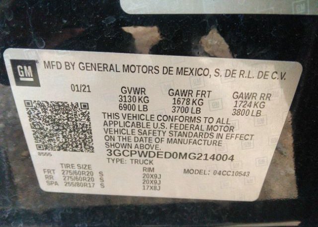 2021 CHEVROLET SILVERADO 1500(VIN: 3GCPWDED0MG214004