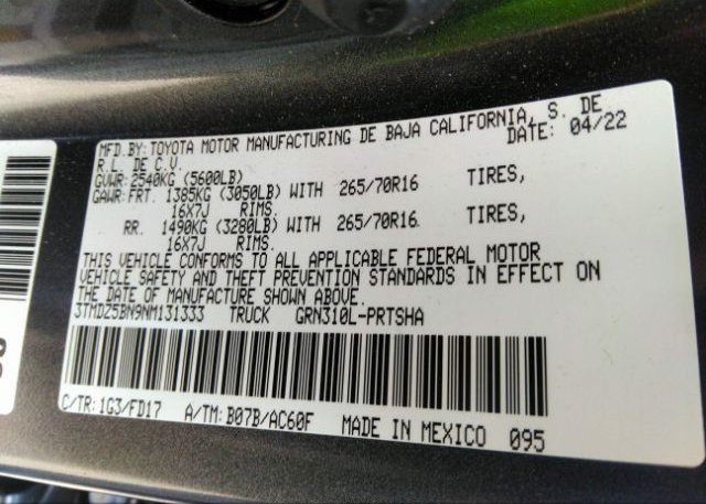 2022 TOYOTA TACOMA 4WD(VIN: 3TMDZ5BN9NM131333