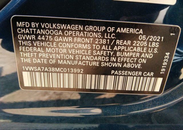 2021 VOLKSWAGEN PASSAT(VIN: 1VWSA7A38MC013992
