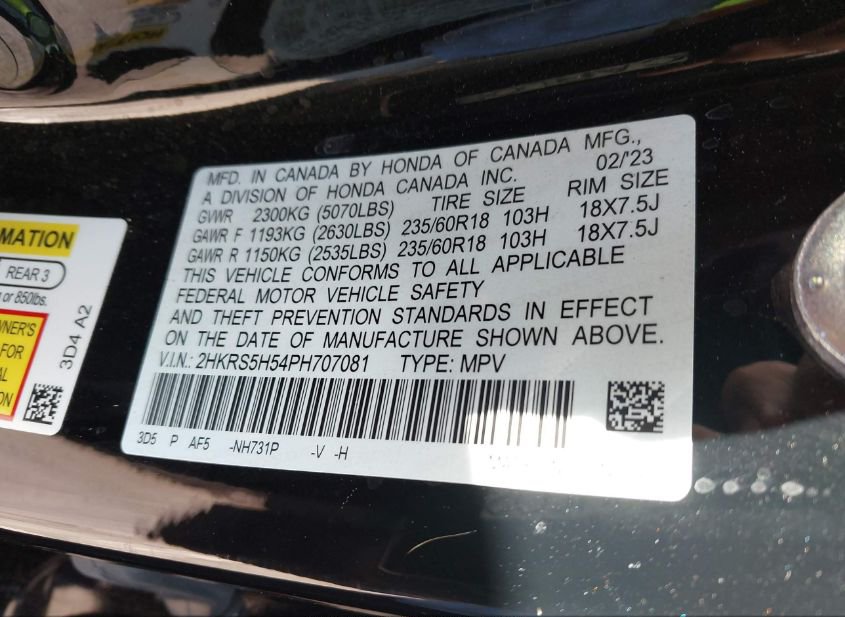 2023 HONDA CR-V HYBRID SPORT(VIN: 2HKRS5H54PH707081