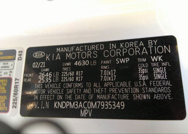 2021 KIA SPORTAGE(VIN: KNDPM3AC0M7935349