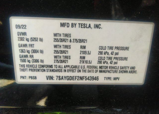 2022 TESLA MODEL Y(VIN: 7SAYGDEF2NF543946