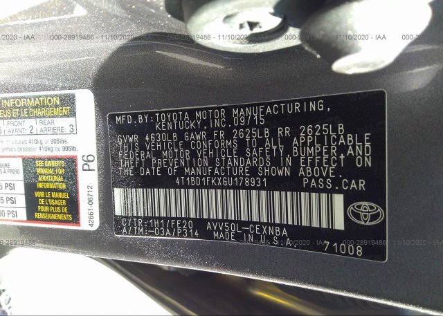 4T1BD1FKXGU178931 2016 TOYOTA CAMRY HYBRID