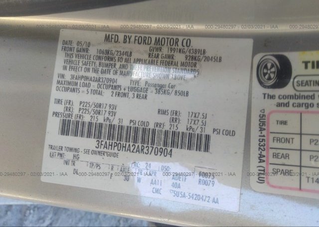 3FAHP0HA2AR370904 2010 FORD FUSION