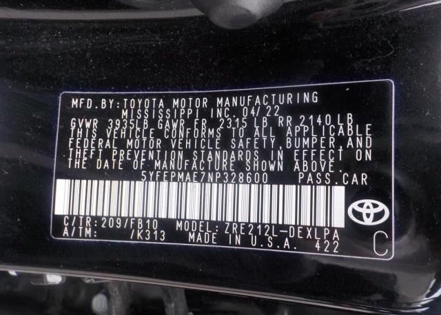 2022 TOYOTA COROLLA(VIN: 5YFEPMAE7NP328600