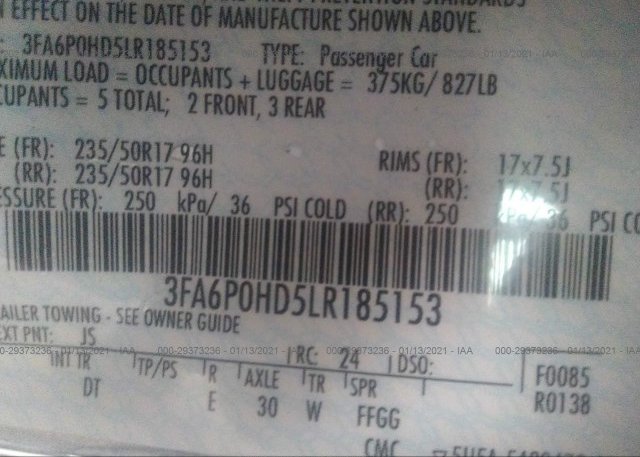 3FA6P0HD5LR185153 2020 FORD FUSION