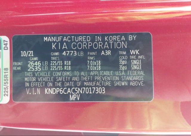 2022 KIA SPORTAGE(VIN: KNDP6CAC5N7017303
