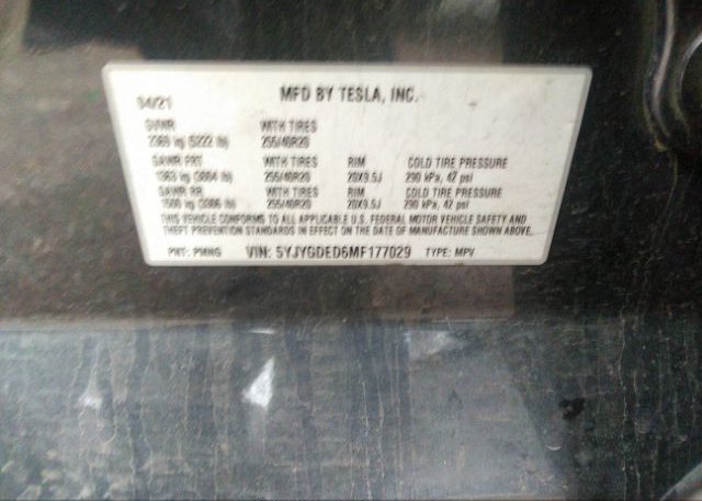 2021 TESLA MODEL Y(VIN: 5YJYGDED6MF177029