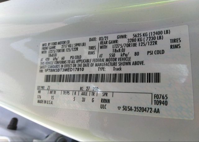 2021 FORD SUPER DUTY F-350 SRW(VIN: 1FT8W3BT3MED17810