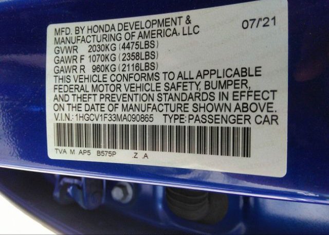 2021 HONDA ACCORD SEDAN(VIN: 1HGCV1F33MA090865