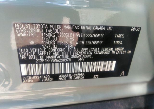 2022 TOYOTA RAV4(VIN: 2T3P1RFV6NW298978